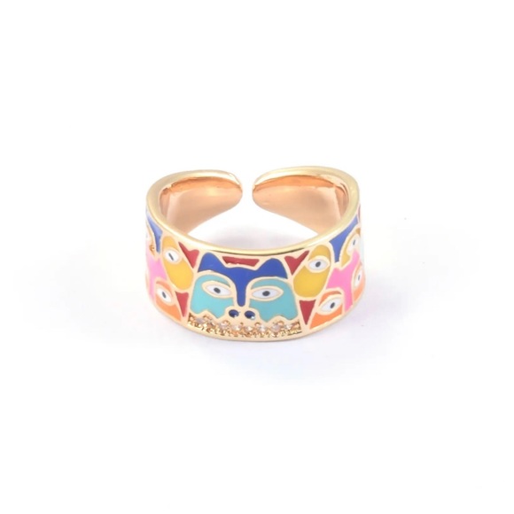 Anthro Silver Gold Ornament Boho Enamel Cats Wide Ring Jewelry Dopamine - Picture 3 of 13